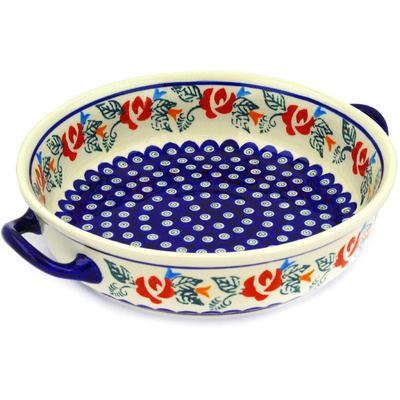 Polish Pottery Round Baker with Handles 13&quot; Peacock Rose
