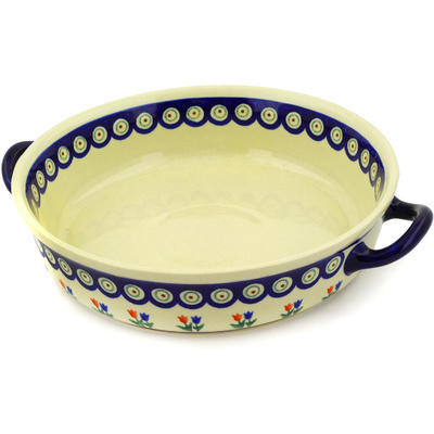 Polish Pottery Round Baker with Handles 13&quot; Tulip Pair Peacock
