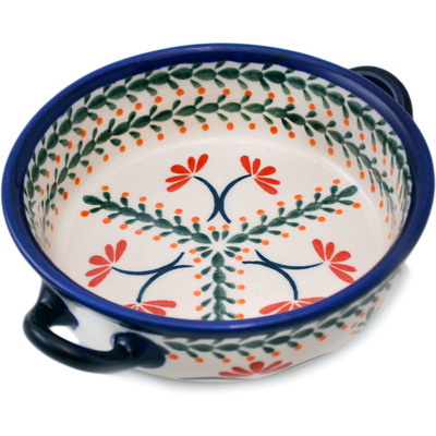 Polish Pottery Round Baker with Handles 6-inch Blossoming Prickly Pear