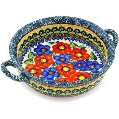 Polish Pottery Round Baker with Handles 6-inch Blue And Red Poppies UNIKAT