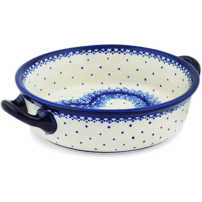 Polish Pottery Round Baker with Handles 6-inch Blue Lace Heart