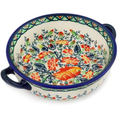 Polish Pottery Round Baker with Handles 6-inch Candid Carnation UNIKAT