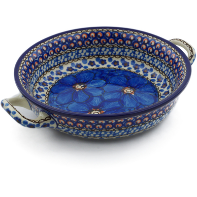 Polish Pottery Round Baker with Handles 6&frac12;-inch Cobalt Poppies UNIKAT