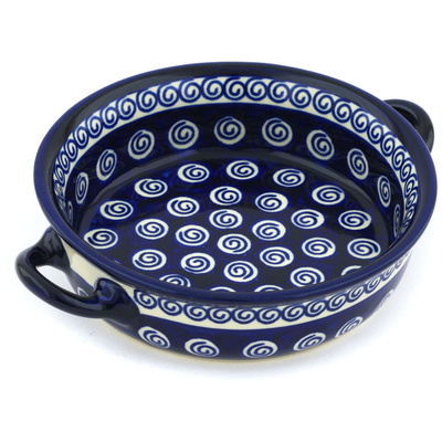 Polish Pottery Round Baker with Handles 6-inch Cobalt Swirl