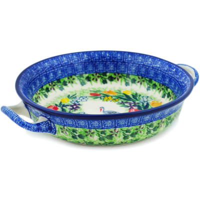 Polish Pottery Round Baker with Handles 6&frac12;-inch Crane In Tulip Splendor UNIKAT