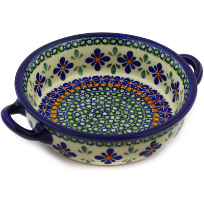 Polish Pottery Round Baker with Handles 6-inch Gingham Flowers