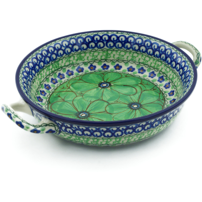 Polish Pottery Round Baker with Handles 6&frac12;-inch Green Pansies UNIKAT