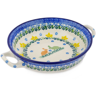 Polish Pottery Round Baker with Handles 6&frac12;-inch Happy Hares