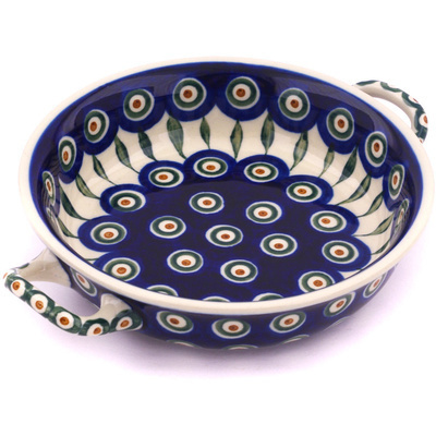 Polish Pottery Round Baker with Handles 6&frac12;-inch Peacock Leaves