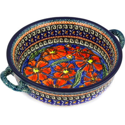Polish Pottery Round Baker with Handles 6-inch Poppies UNIKAT
