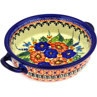 Polish Pottery Round Baker with Handles 6-inch Spring Splendor UNIKAT