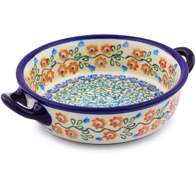 Polish Pottery Round Baker with Handles 6-inch Tulip Vines