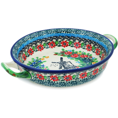 Polish Pottery Round Baker with Handles 6&frac12;-inch Windmill Meadow UNIKAT