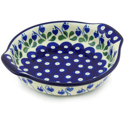 Polish Pottery Round Baker with Handles 7&quot; Bleeding Heart Peacock