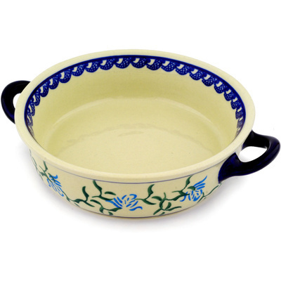 Polish Pottery Round Baker with Handles 7&quot; Blue Rose Peacock