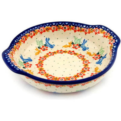 Polish Pottery Round Baker with Handles 7&quot; Bunny Hop