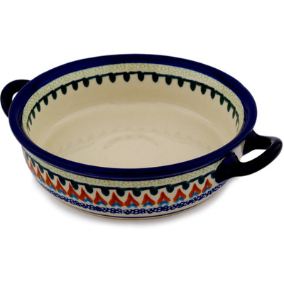 Polish Pottery Round Baker with Handles 7&quot; Cathedral Window