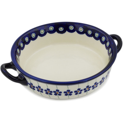 Polish Pottery Round Baker with Handles 7&quot; Flowering Peacock