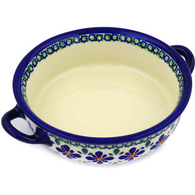 Polish Pottery Round Baker with Handles 7&quot; Gingham Flowers