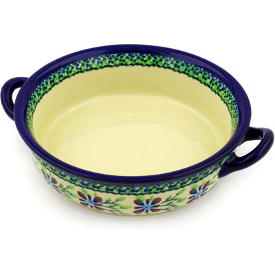 Polish Pottery Round Baker with Handles 7&quot; Gingham Garden