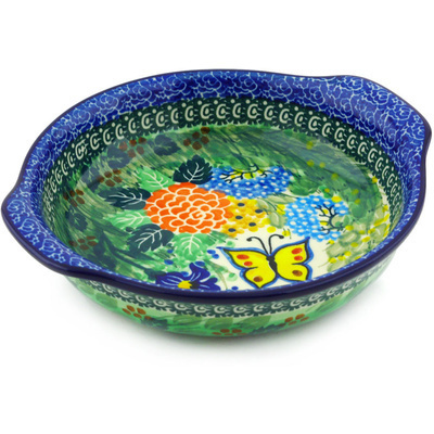 Polish Pottery Round Baker with Handles 7&quot; Spring Garden UNIKAT