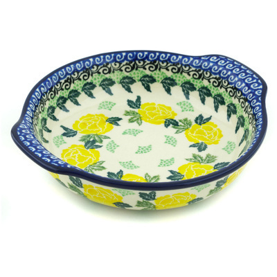 Polish Pottery Round Baker with Handles 7&quot; Yellow Rose
