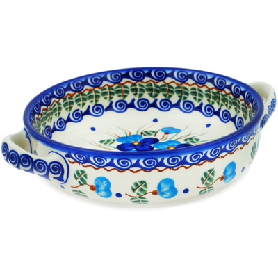 Polish Pottery Round Baker with Handles 8&quot; Blue Pansy