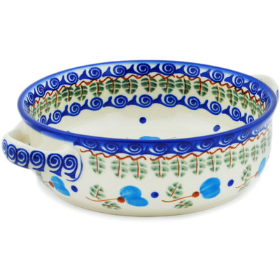 Polish Pottery Round Baker with Handles 8&quot; Blue Pansy