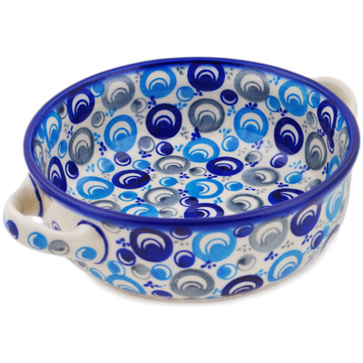 Polish Pottery Round Baker with Handles 8&quot; Blue Peacock Eye