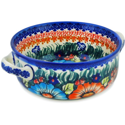 Polish Pottery Round Baker with Handles 8&quot; Butterfly Splendor UNIKAT