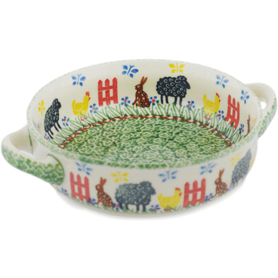 Polish Pottery Round Baker with Handles 8"