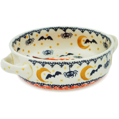 Polish Pottery Round Baker with Handles 8&quot; Halloween Spooky Pumpkin