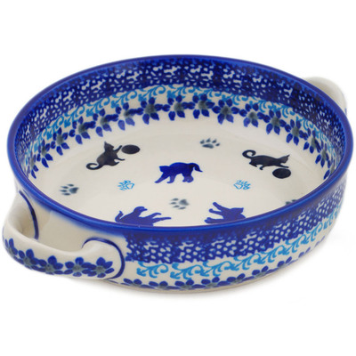 Polish Pottery Round Baker with Handles 8&quot; Kitty Paw Play Time