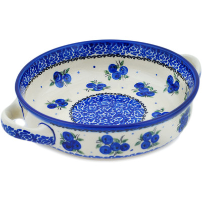 Polish Pottery Round Baker with Handles 8&quot; Lovely Blueberries