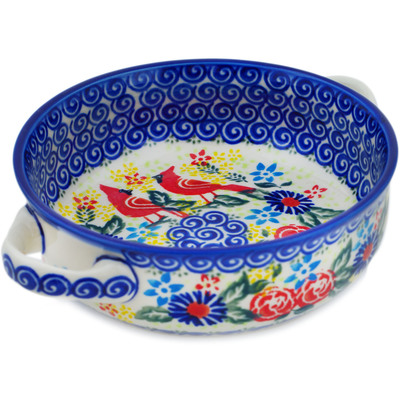 Polish Pottery Round Baker with Handles 8&quot; Lovely Red Birds UNIKAT