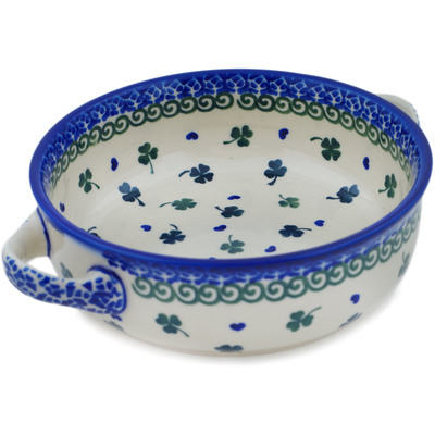 Polish Pottery Round Baker with Handles 8&quot; Lucky Clovers