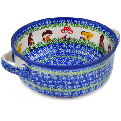 Polish Pottery Round Baker with Handles 8&quot; Mushroom Garden