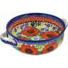 Polish Pottery Round Baker with Handles 8&quot; Orange Zinnia UNIKAT