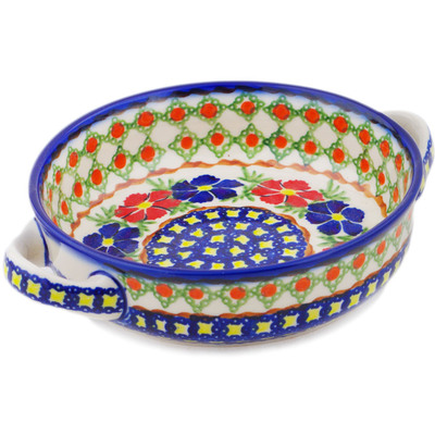 Polish Pottery Round Baker with Handles 8&quot; Paradise Poppy