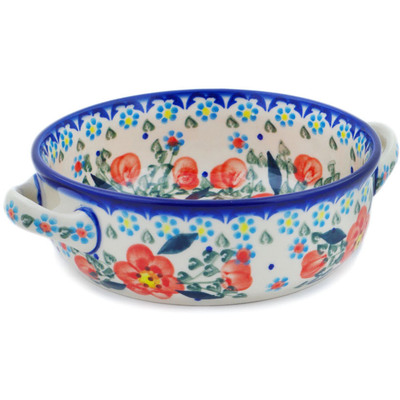 Polish Pottery Round Baker with Handles 8&quot; Peach Tudor Rose