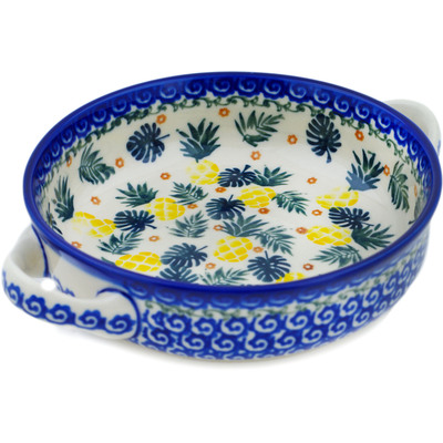 Polish Pottery Round Baker with Handles 8&quot; Pineapple Parade