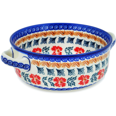 Polish Pottery Round Baker with Handles 8&quot; Red Cornflower