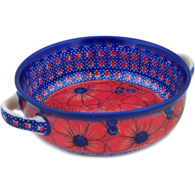 Polish Pottery Round Baker with Handles 8&quot; Red Hot Summer UNIKAT