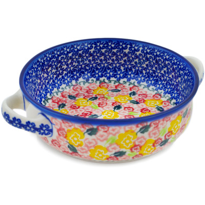 Polish Pottery Round Baker with Handles 8&quot; Starburst Blooms