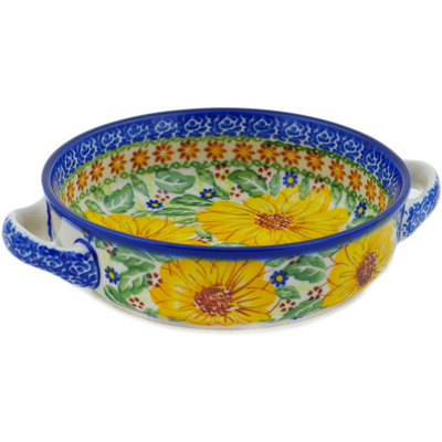 Polish Pottery Round Baker with Handles 8&quot; Yellow Petal Bliss UNIKAT