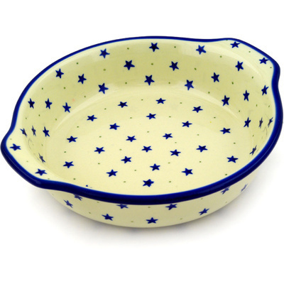 Polish Pottery Round Baker with Handles 9&quot; Blue Star Sprinkle