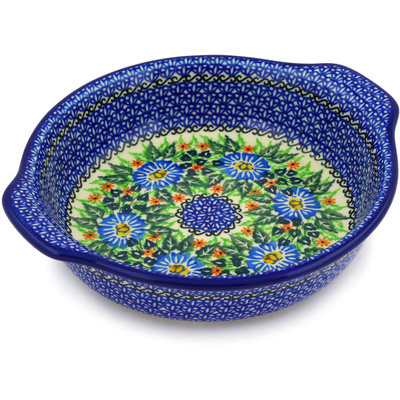 Polish Pottery Round Baker with Handles 9&quot; Fire And Lime UNIKAT