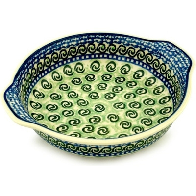 Polish Pottery Round Baker with Handles 9&quot; Green Galaxy