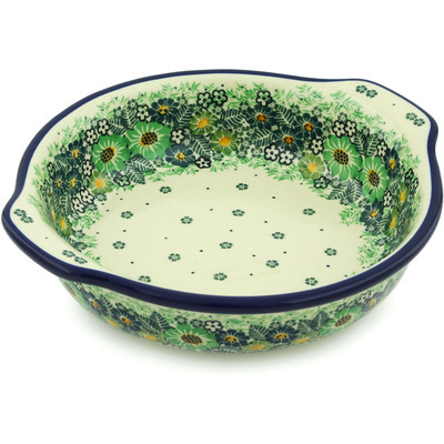 Polish Pottery Round Baker with Handles 9&quot; Green Wreath UNIKAT