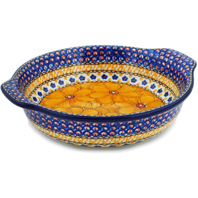 Polish Pottery Round Baker with Handles 9&quot; Marigold Dreams UNIKAT